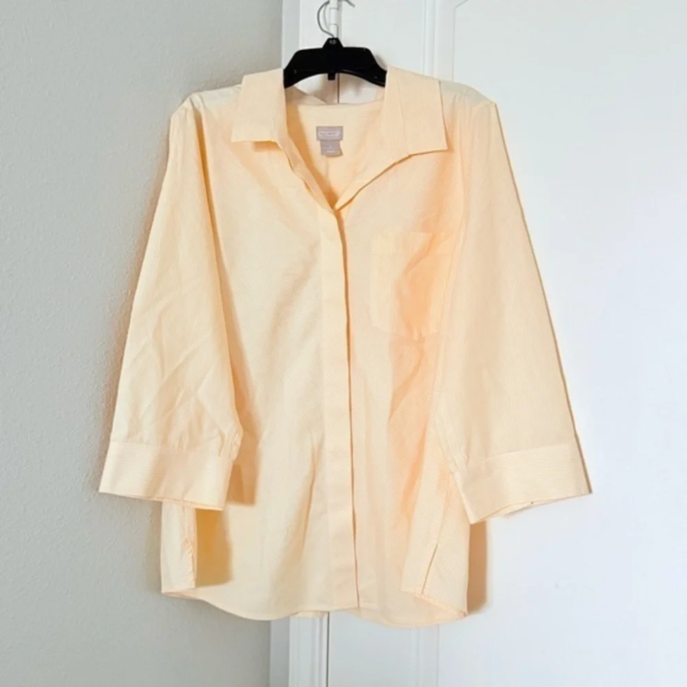 Chicos No-Iron Cotton Striped Pocket White & Yellow Nautical Shirt 2 - Picture 3 of 6